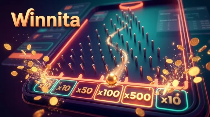 Tabellone Plinko su Winnita con la pallina che scende verso le caselle a moltiplicatore alto