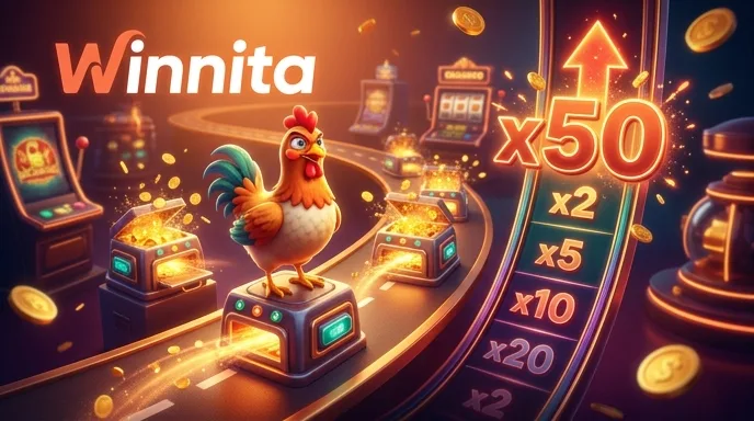 Schermata di Chicken Road su Winnita con la gallina sulle corsie e i moltiplicatori sopra ogni forno