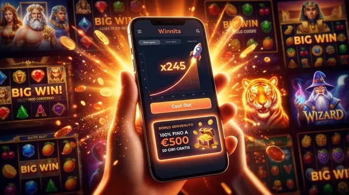 App Winnita su uno smartphone con un crash game e una scheda bonus di benvenuto in evidenza