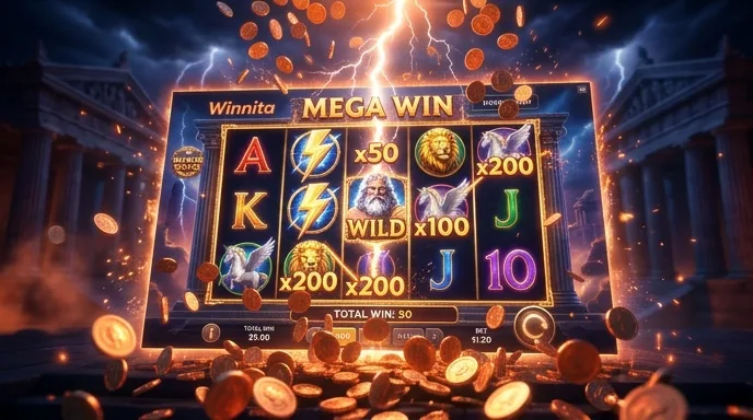 Slot a tema mitologico con fulmini e pioggia di monete durante una funzione bonus su Winnita