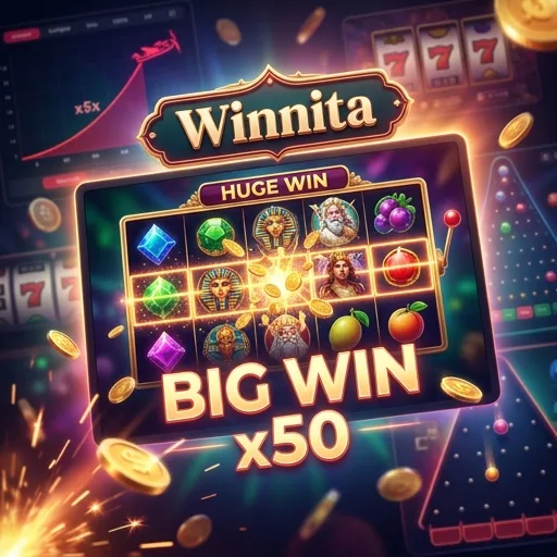 Rulli di slot online con simboli illuminati, monete e moltiplicatori sullo schermo di Winnita